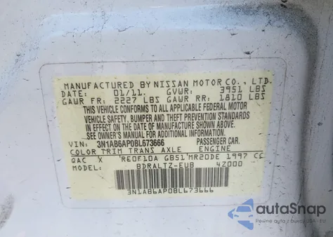 2011 Nissan Sentra 2.0Sr z USA, uszkodzony, nr VIN 3N1AB6AP0BL673666